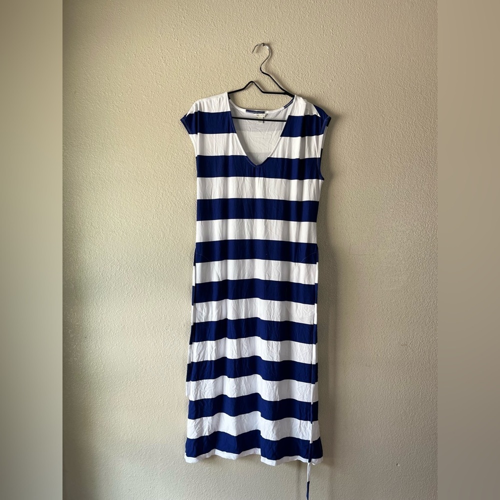 Cato Blue and White Striped V-Neck Midi Dress - Picture 3 of 8